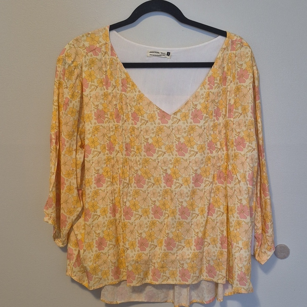 Jackson Rowe Floral Pintuck Peasant Blouse in Yellow & Pink - Picture 4 of 11